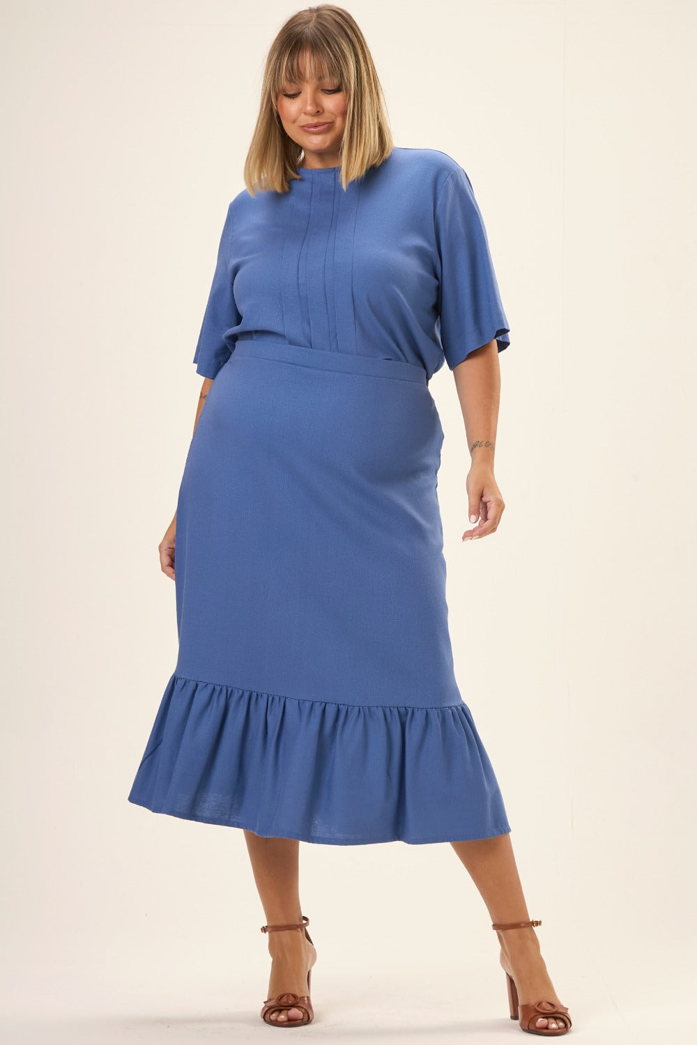 Saia Midi Plus Size Viscose com Linho Celeste Azul Cess
