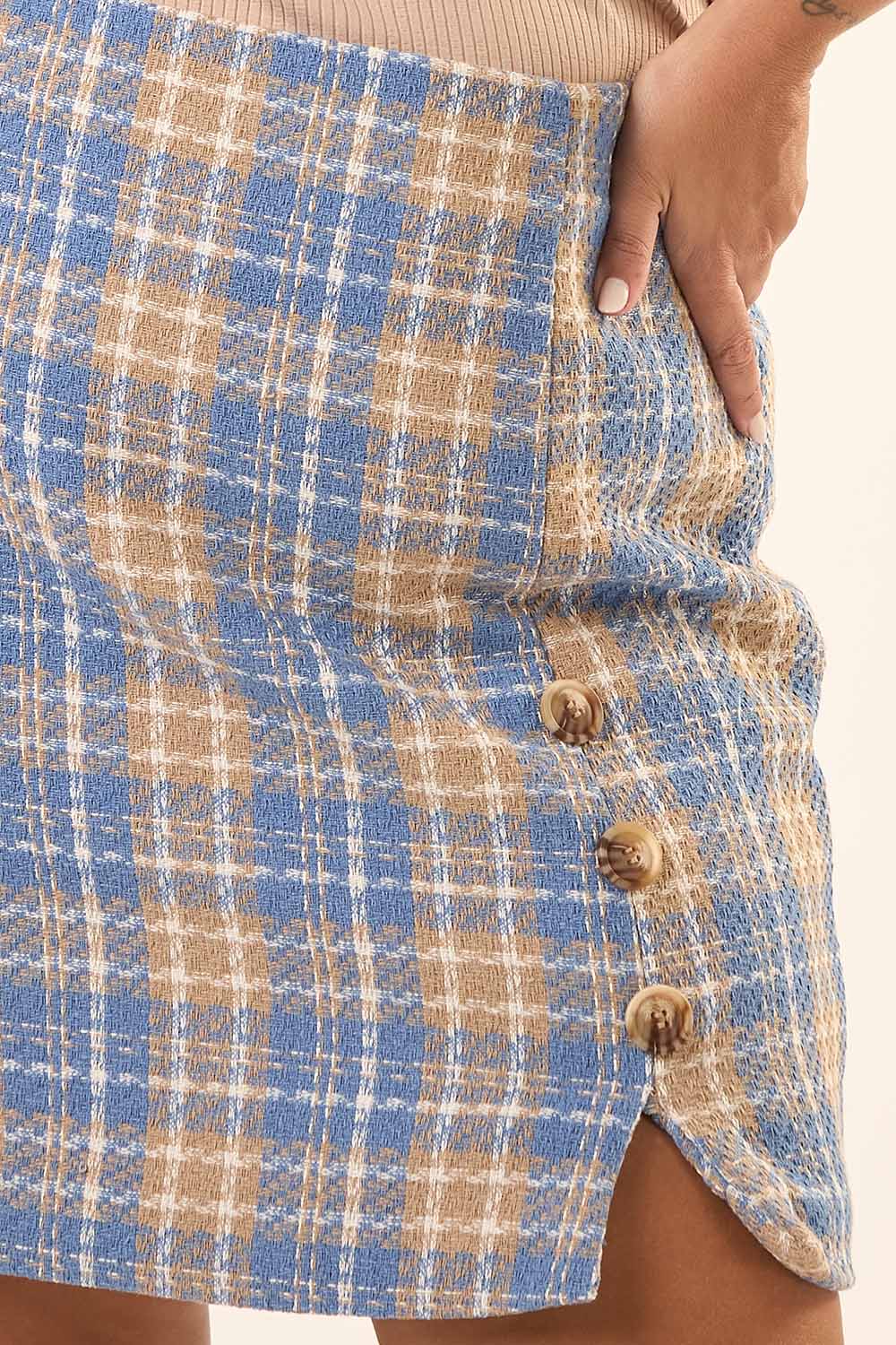 Saia Curta Plus Size Tweed Xadrex Florença Azul Cess