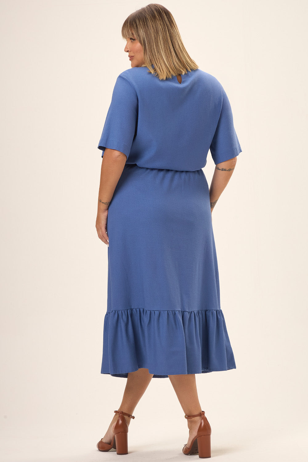 Saia Midi Plus Size Viscose com Linho Celeste Azul Cess