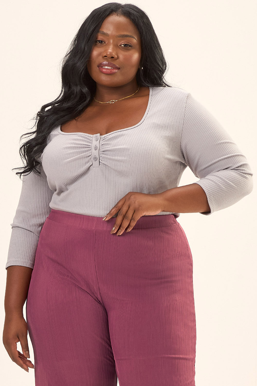 Blusa Plus Size Decote Quadrado em Canelado Hera Cinza Cess