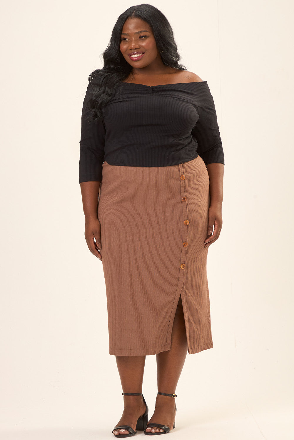 Blusa Ombro a Ombro Plus Size Canelado Vinci Preto Cess