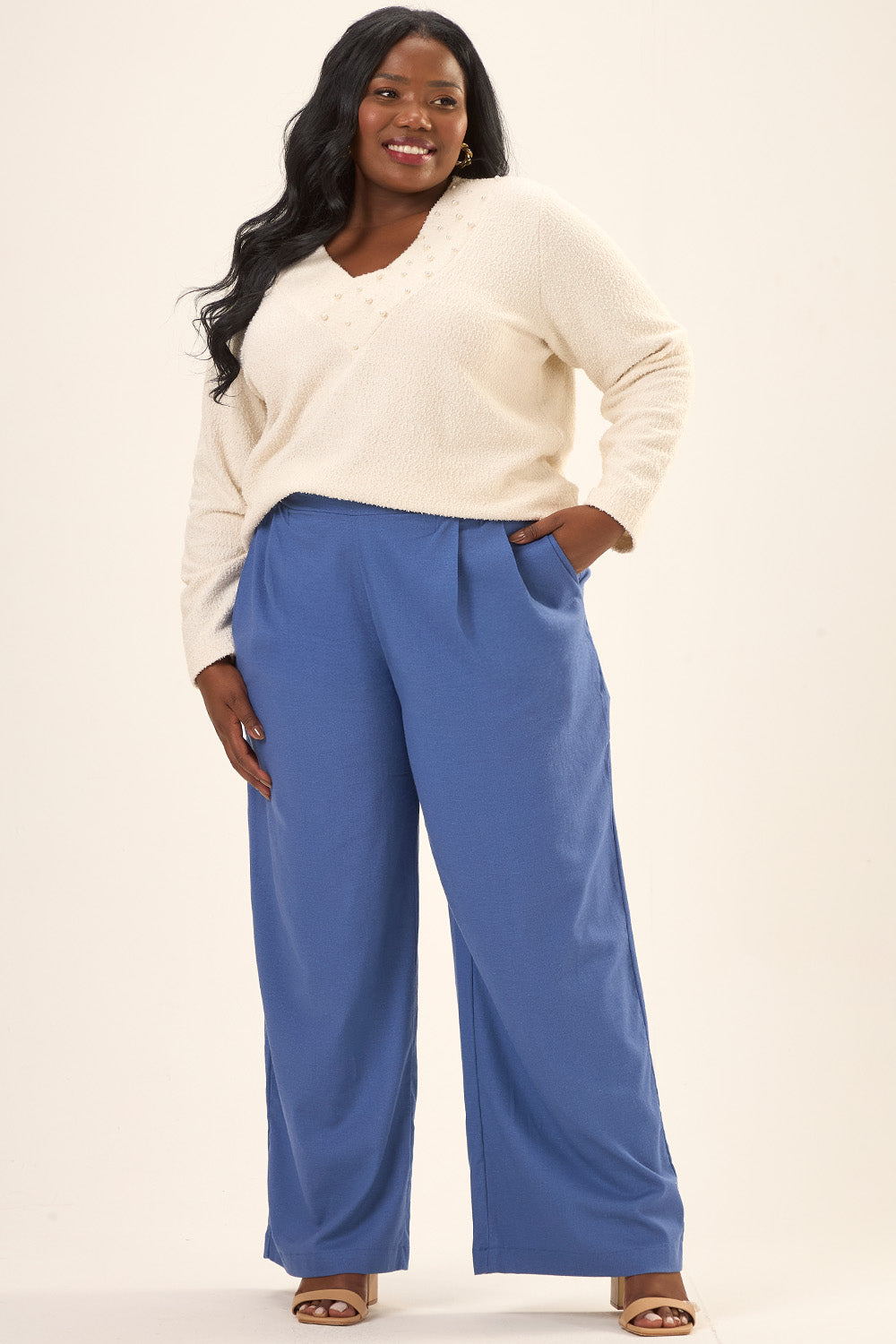 Blusão Pérolas Plus Size Tweed com Linho Tulipa Off White Cess