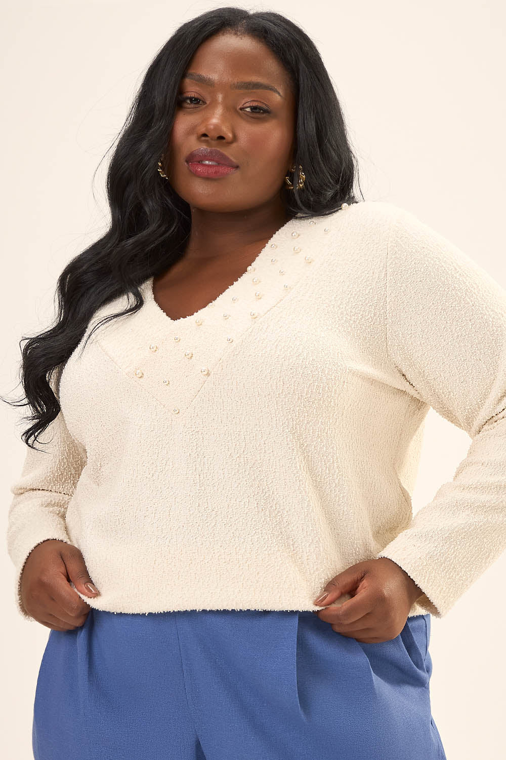 Blusão Pérolas Plus Size Tweed com Linho Tulipa Off White Cess