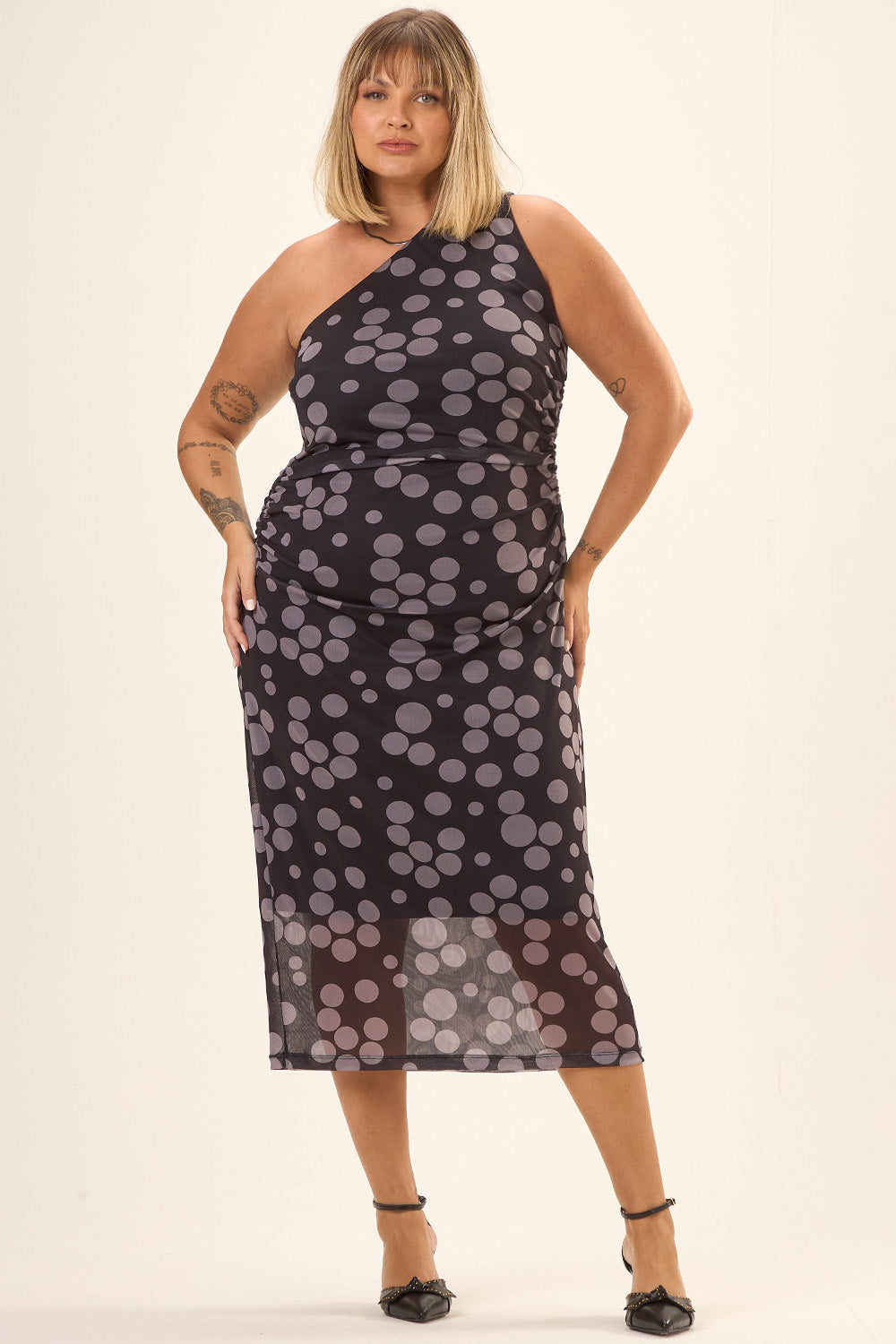 Vestido Midi Plus Size Tule Estampado Vinci Poá Cess