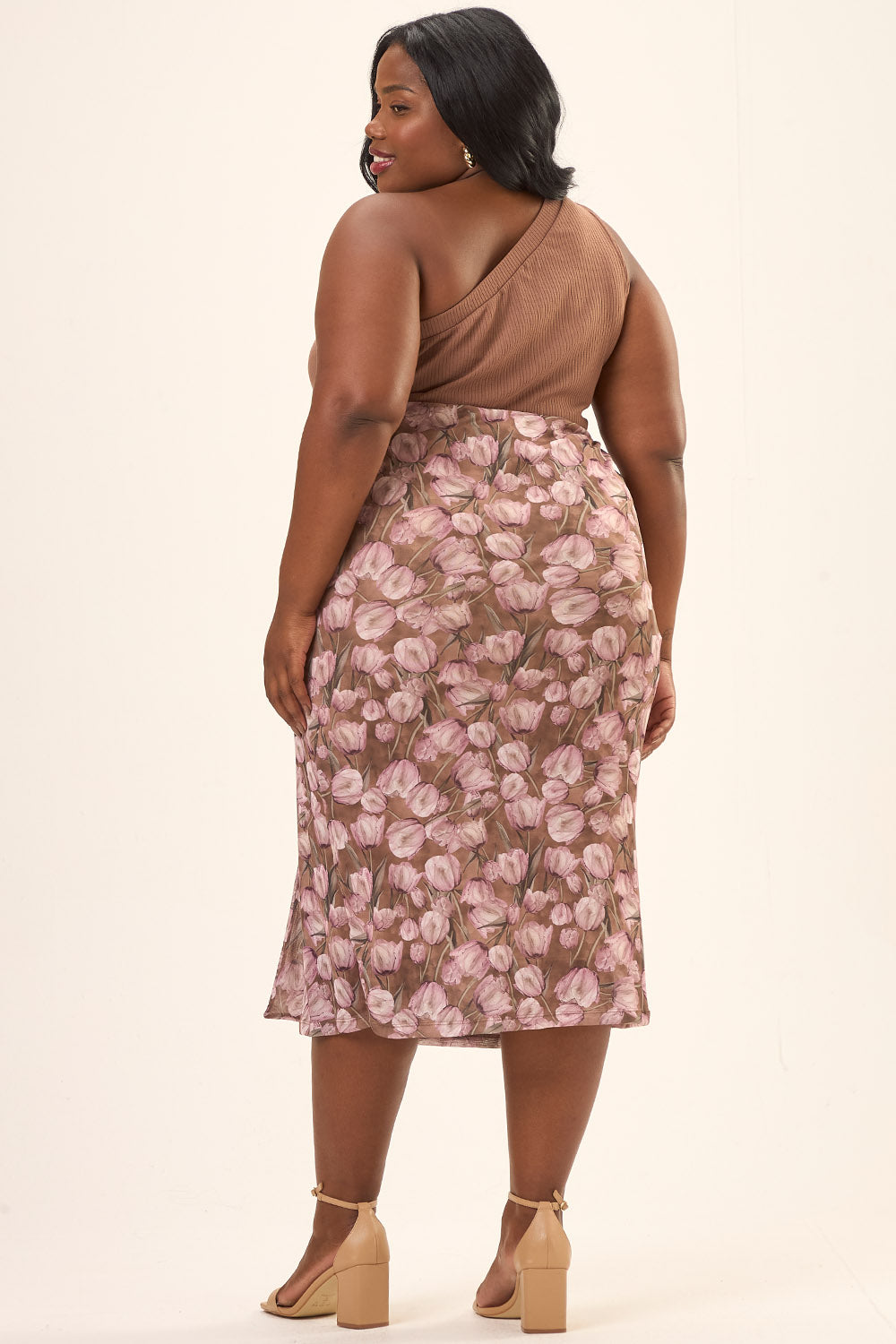Saia Midi Com Sobreposição Plus Size Tule Estampado Tulipa Rosa Cess