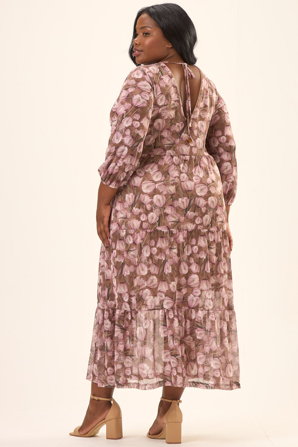 Vestido Midi Manga 7/8 Plus Size Tule Estampado Tulipa Rosa Cess