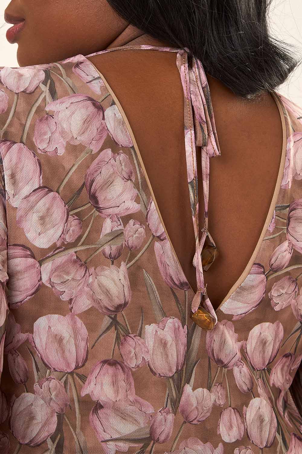 Vestido Midi Manga 7/8 Plus Size Tule Estampado Tulipa Rosa Cess