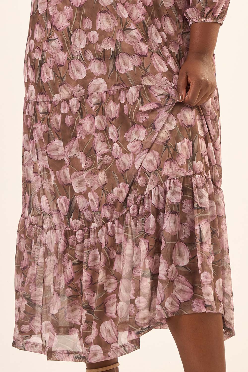 Vestido Midi Manga 7/8 Plus Size Tule Estampado Tulipa Rosa Cess