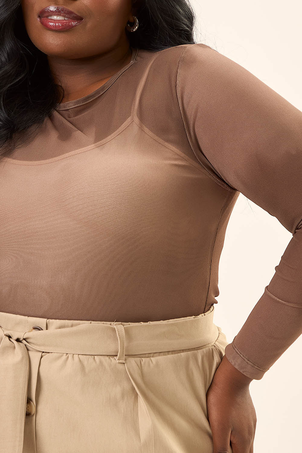 Blusa Manga Longa Plus Size Tule Pisa Marrom Cess