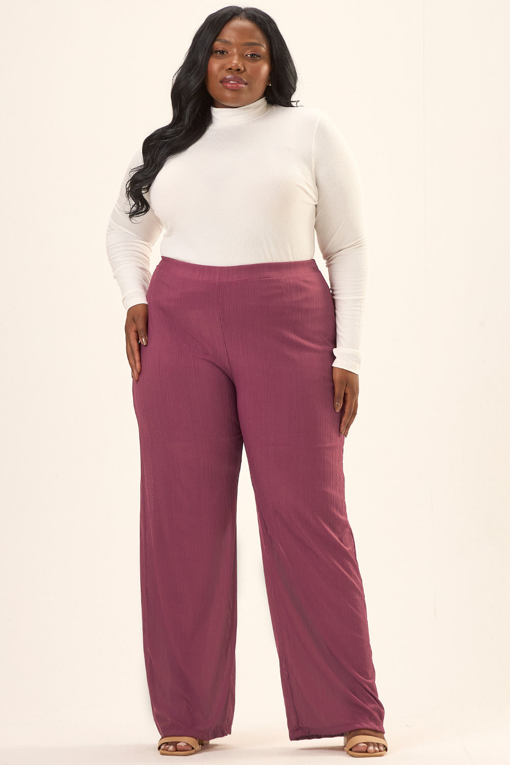 Calça Pantalona Plus Size Malha Plissada Dalia Vinho Cess