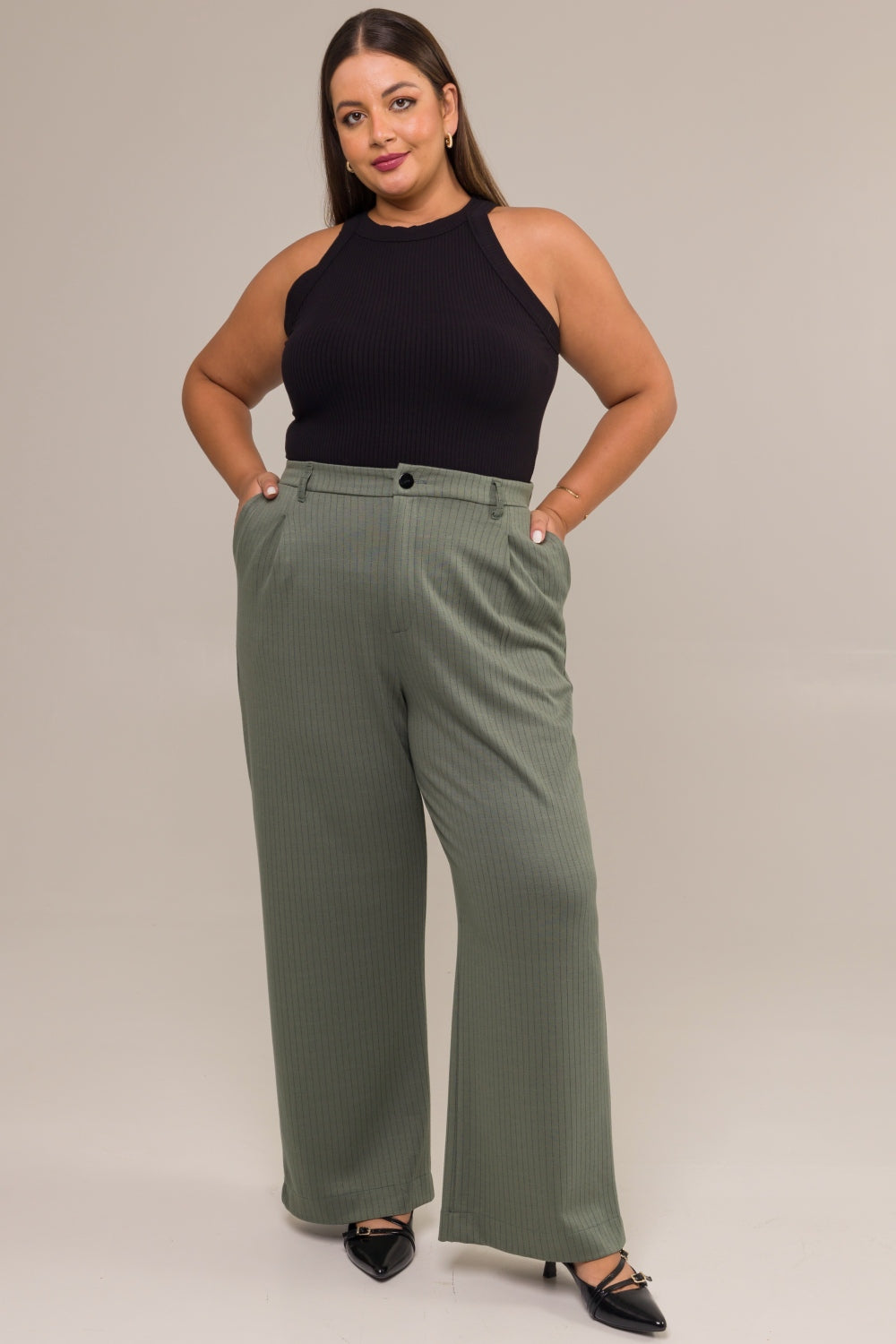 Calça de Alfaiataria Plus Size Jacquard Risca de Giz Acácia Verde Cess