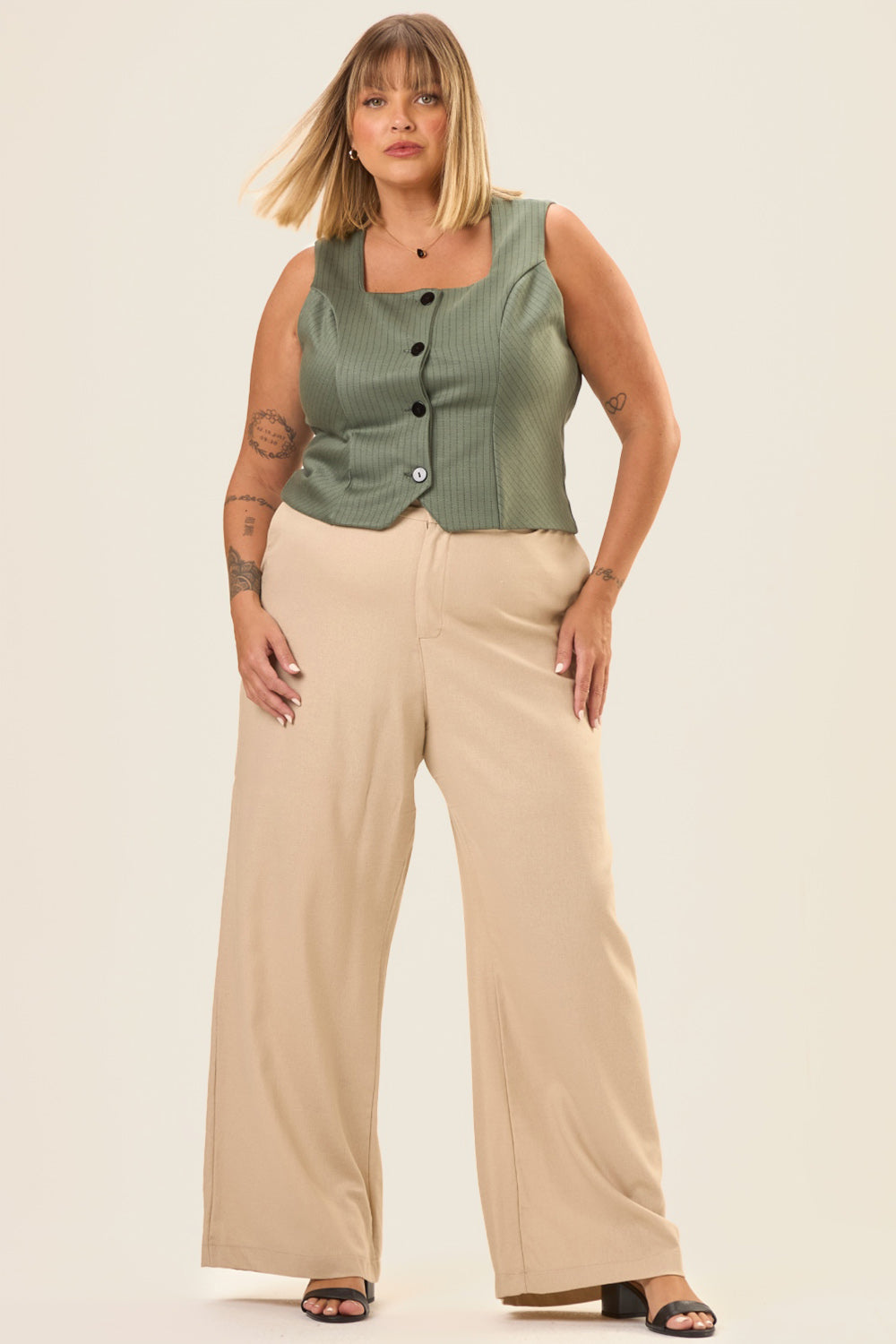 Colete de Alfaiataria Plus Size Jacquard Risca de Giz Acácia Verde Cess