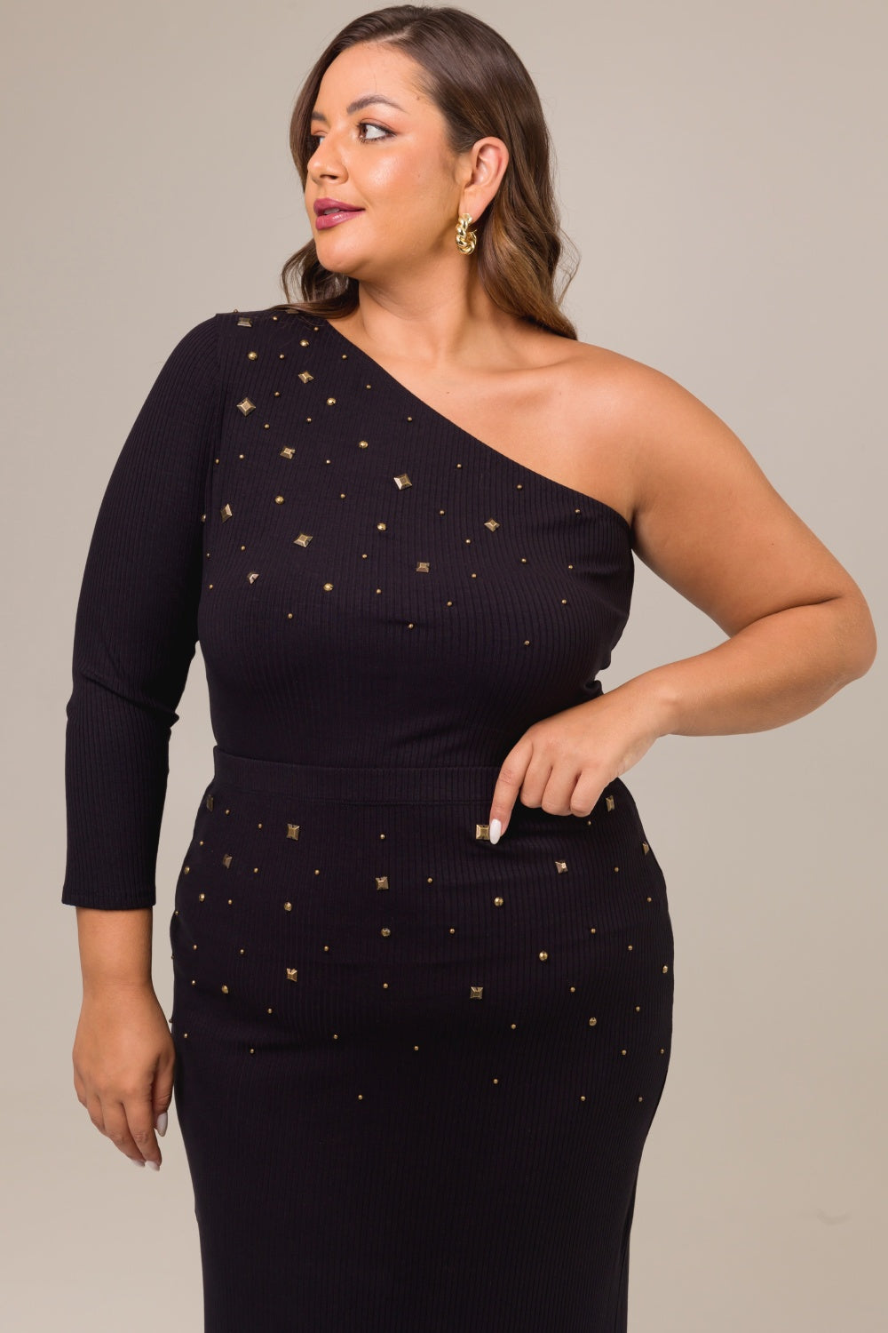 Blusa Plus Size Um Ombro Manga 7/8 com Apliques Alana Preto Cess