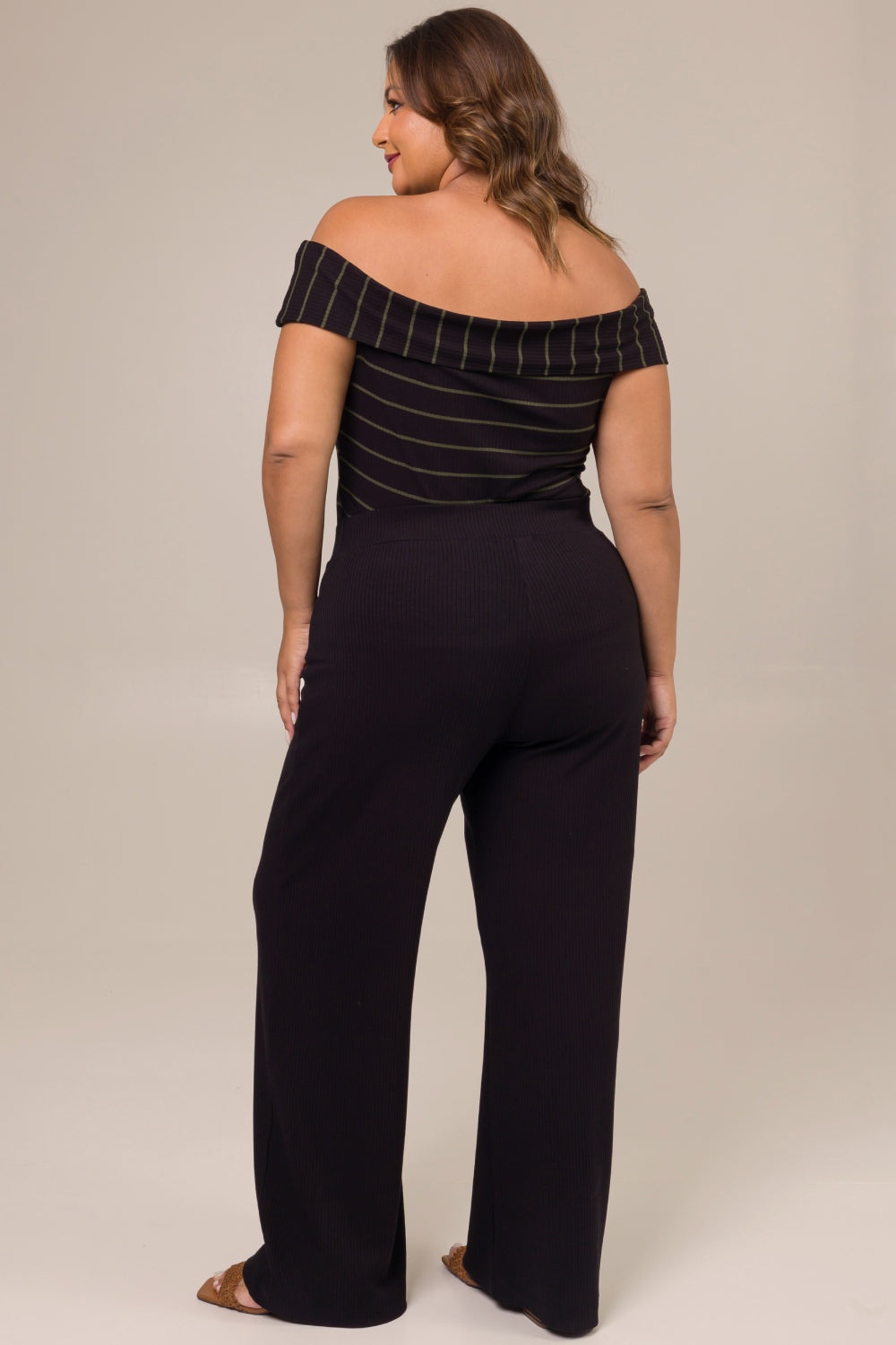 Blusa Plus Size Ombro a Ombro Canelada Diana Listrada Verde Preto Cess