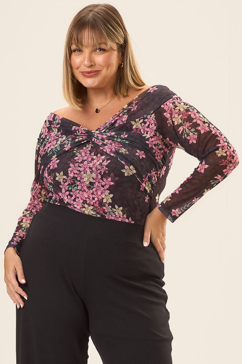 Blusa Manga 7/8 Plus Size Tule Estampado Ansellia Preto Cess