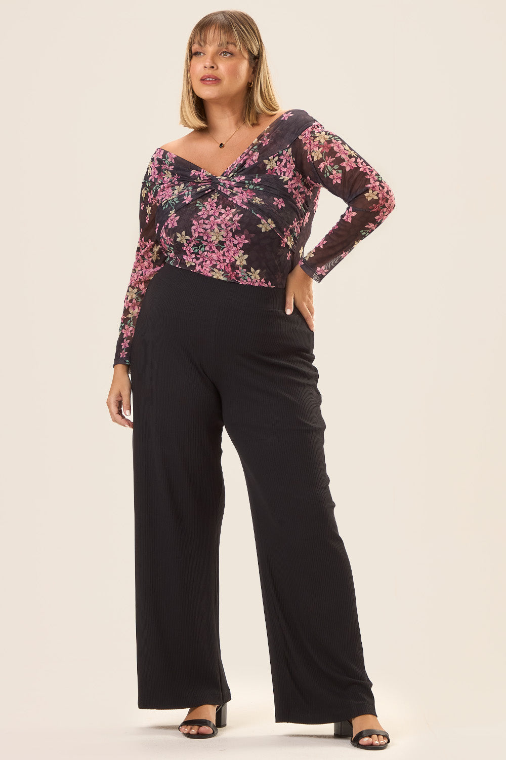 Blusa Manga 7/8 Plus Size Tule Estampado Ansellia Preto Cess