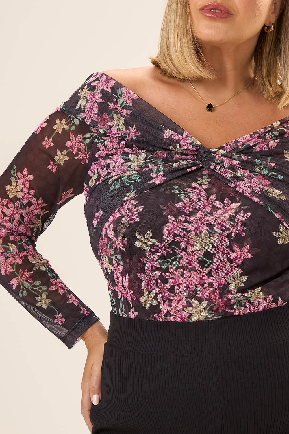 Blusa Manga 7/8 Plus Size Tule Estampado Ansellia Preto Cess