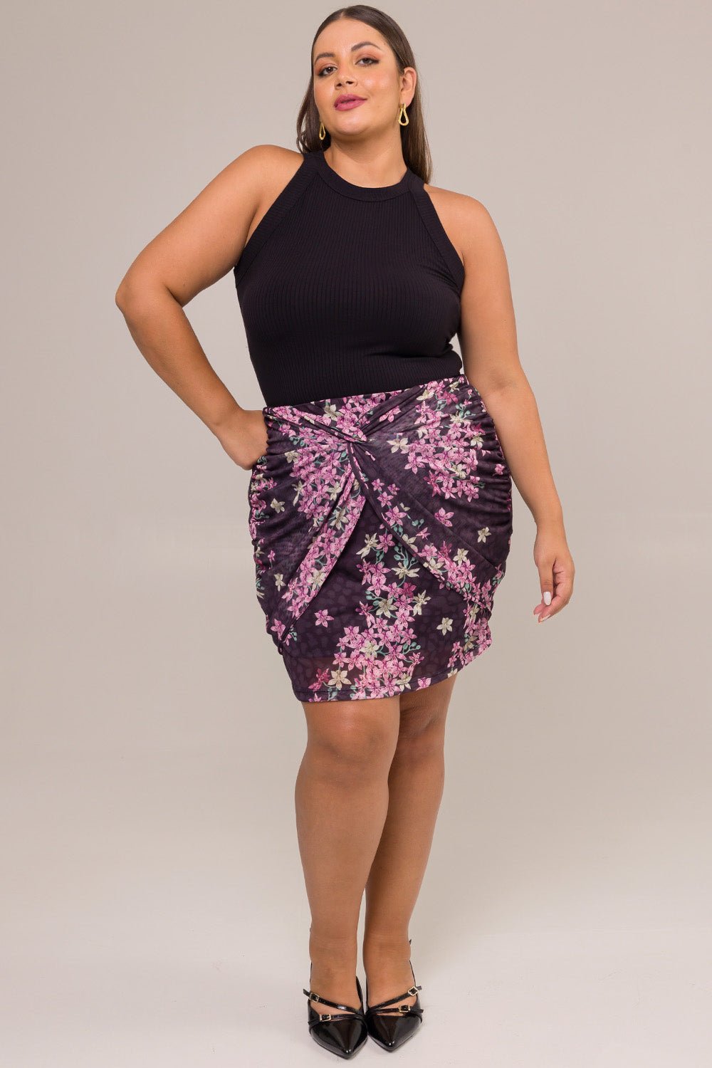 Saia Curta Plus Size Tule Estampado Ansellia Preto Cess