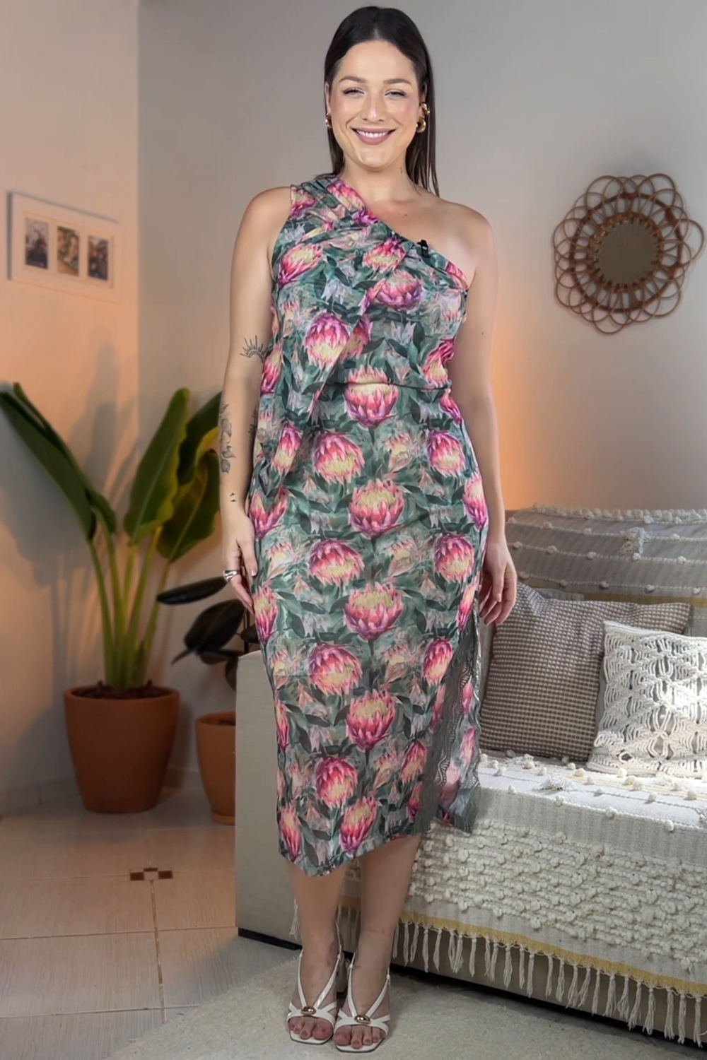 Blusa Um Ombro Plus Size Tule Estampa Proteas Cess