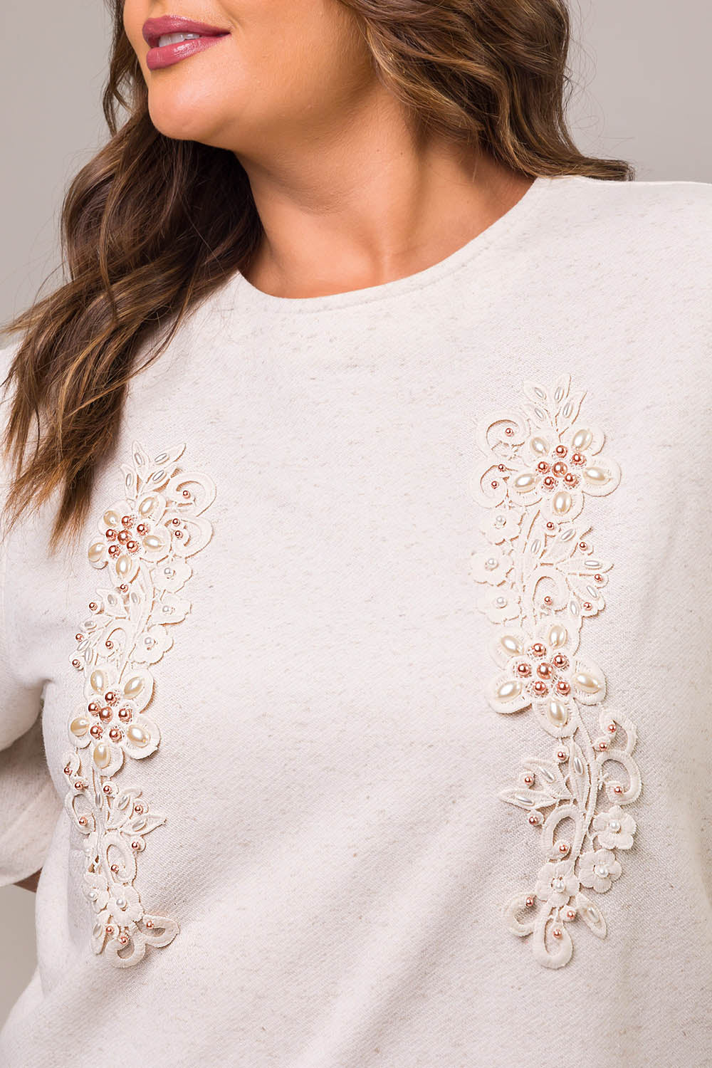 Blusa Manga 3/4 Plus Size em Moletinho com Linho Serena Natural Cess