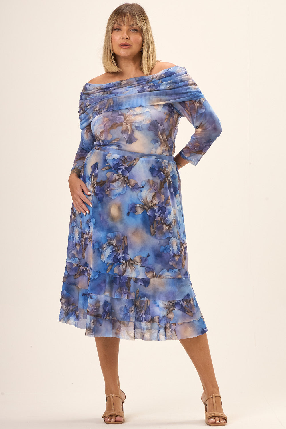 Saia Midi Plus Size Lis Tule Estampado com Babados Cess