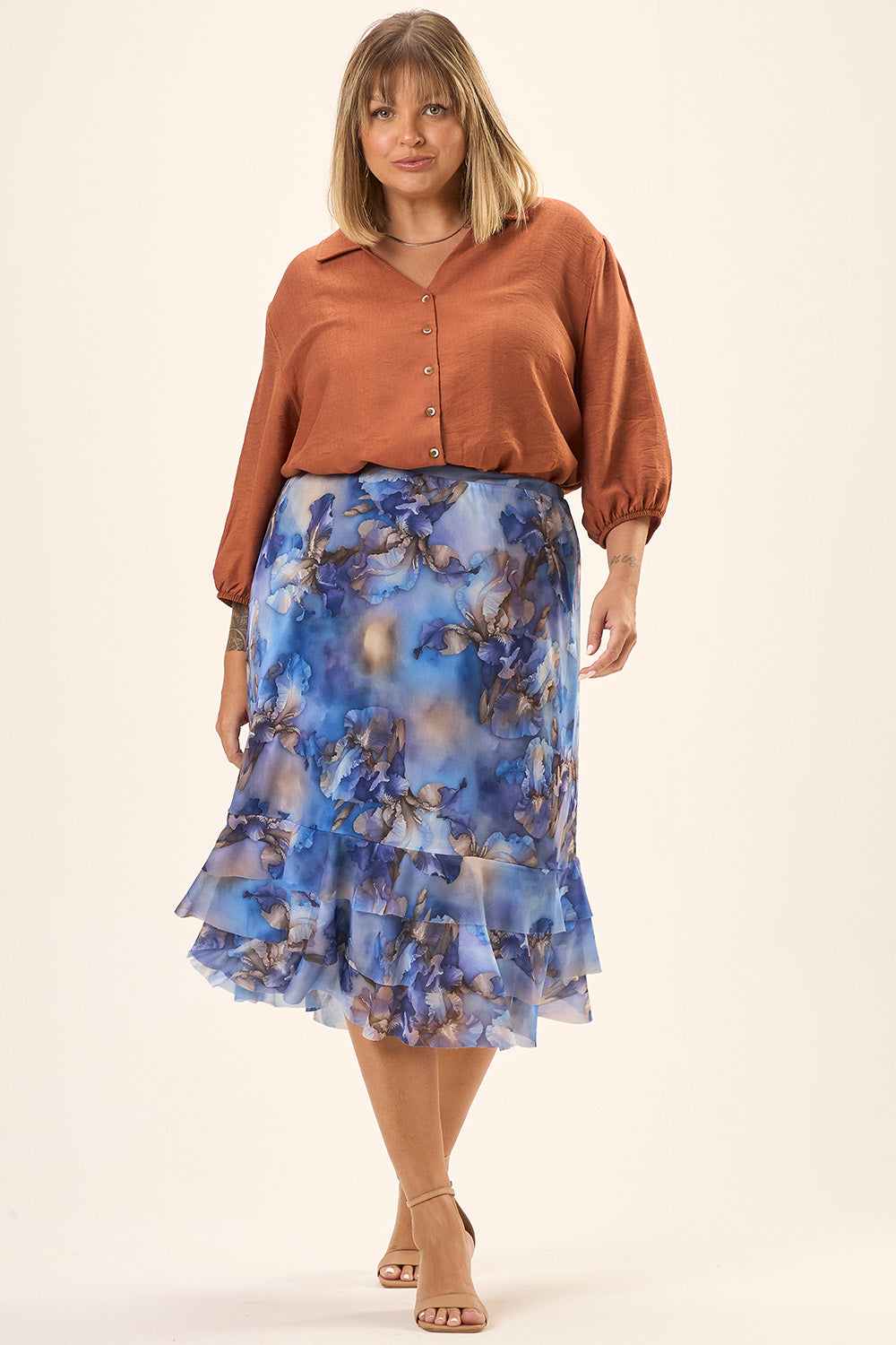 Saia Midi Plus Size Lis Tule Estampado com Babados Cess