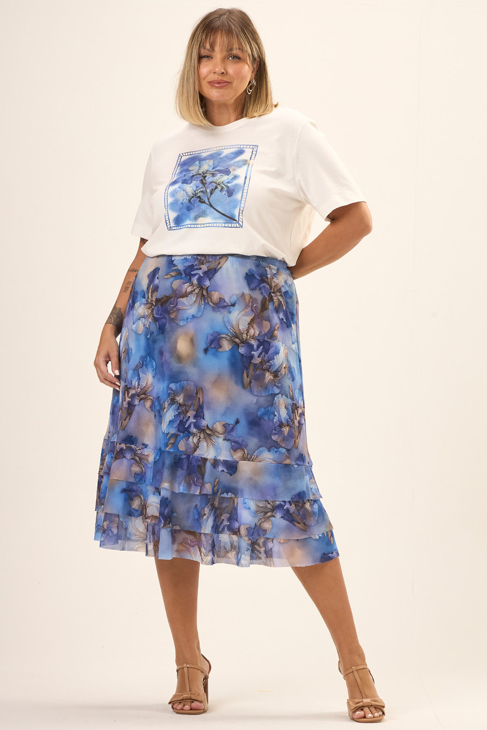 Saia Midi Plus Size Lis Tule Estampado com Babados Cess