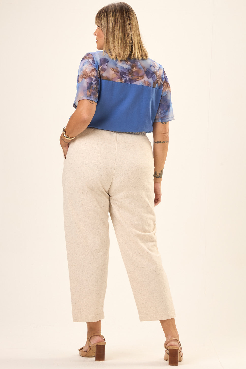 Blusa Plus Size Algodão e Tule Lis Azul Cess