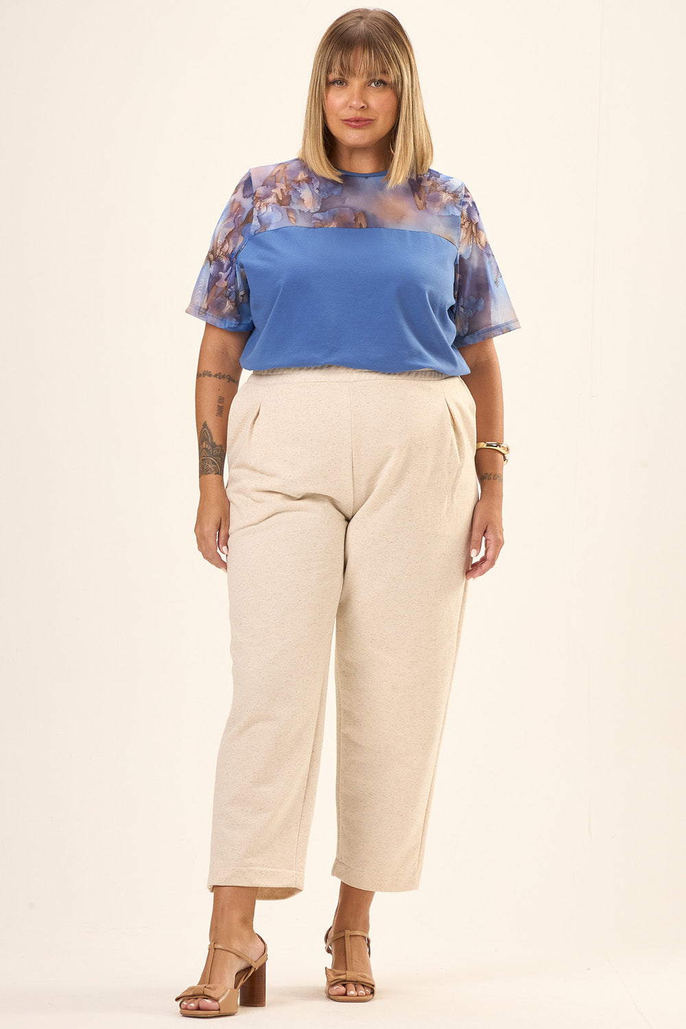 Blusa Plus Size Algodão e Tule Lis Azul Cess