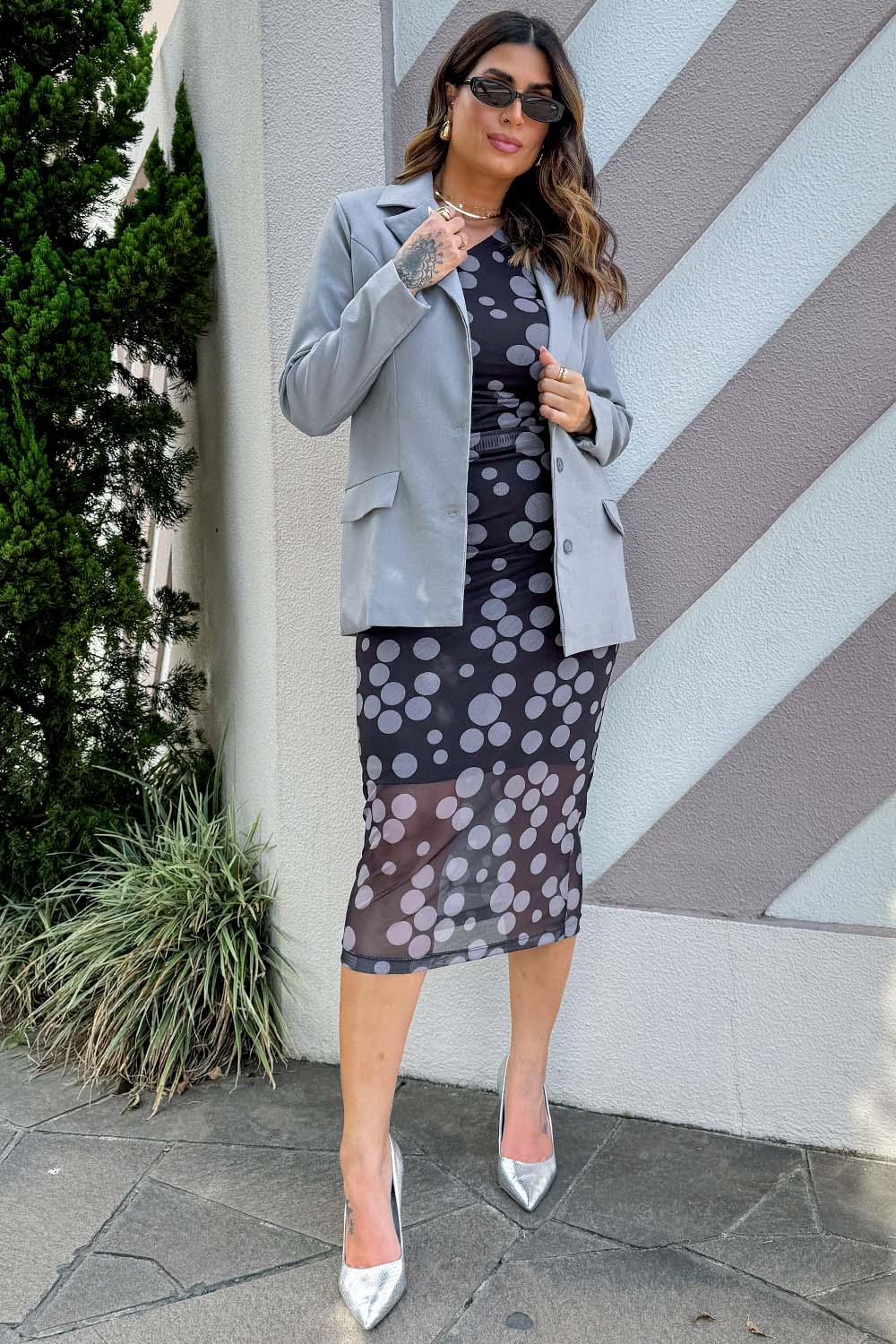 Vestido Midi Plus Size Tule Estampado Vinci Poá Cess