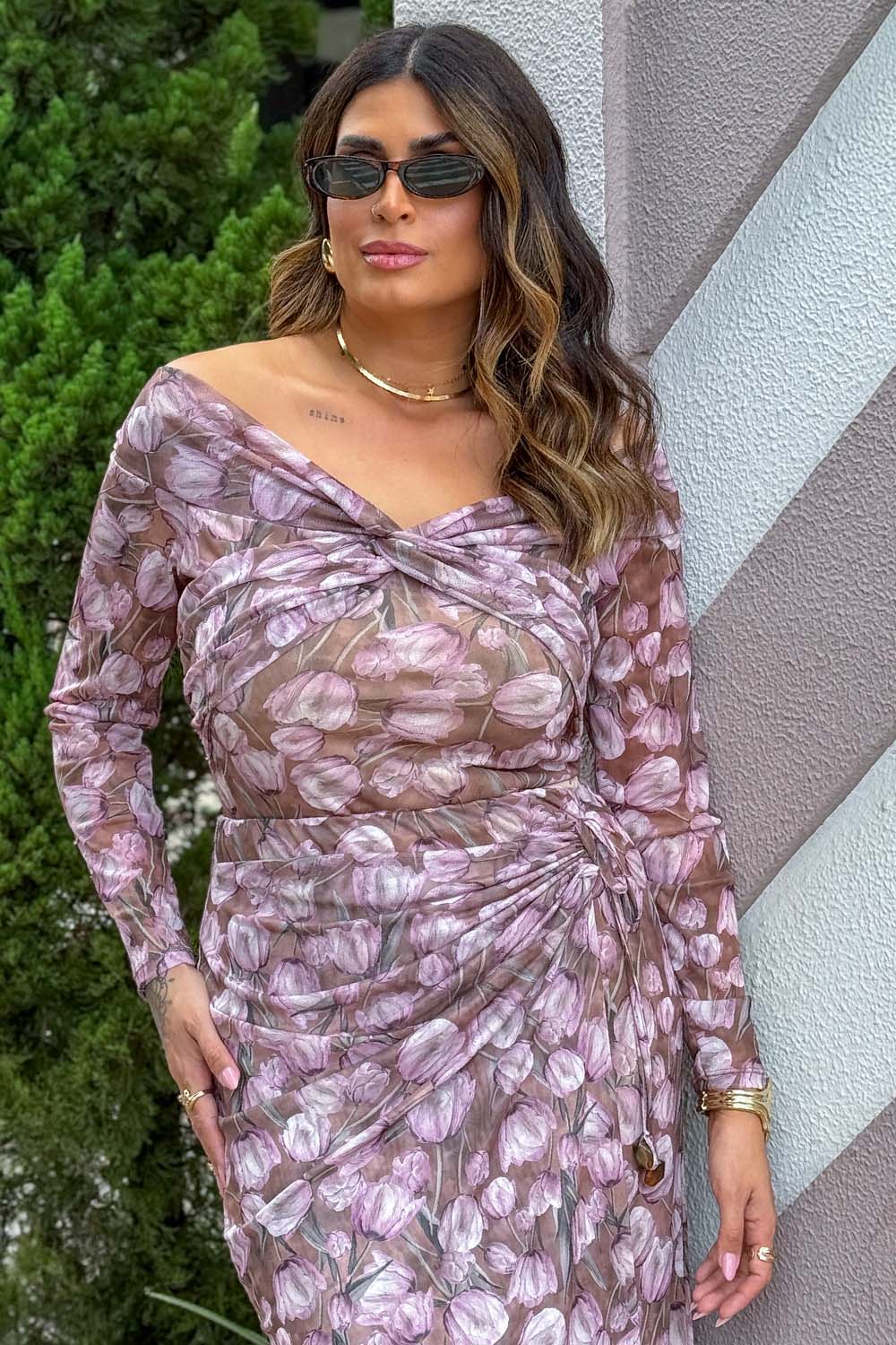 Blusa Manga Longa Plus Size Tule Estampado Tulipa Rosa Cess