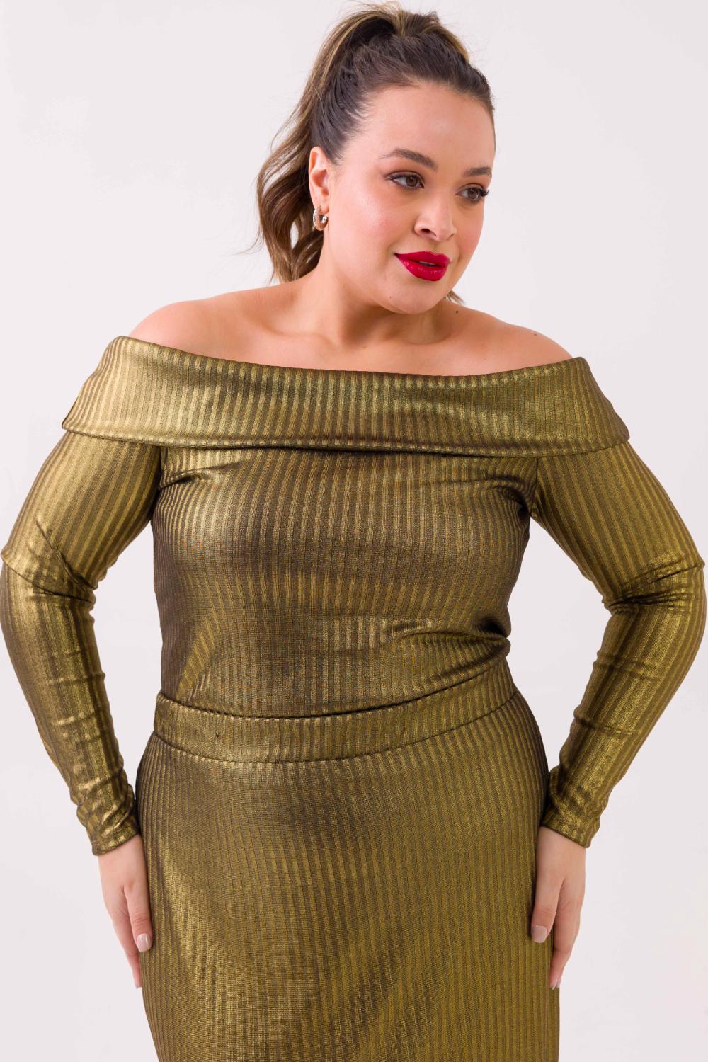 Blusa Plus Size Áurea Canelado Dourado Cess
