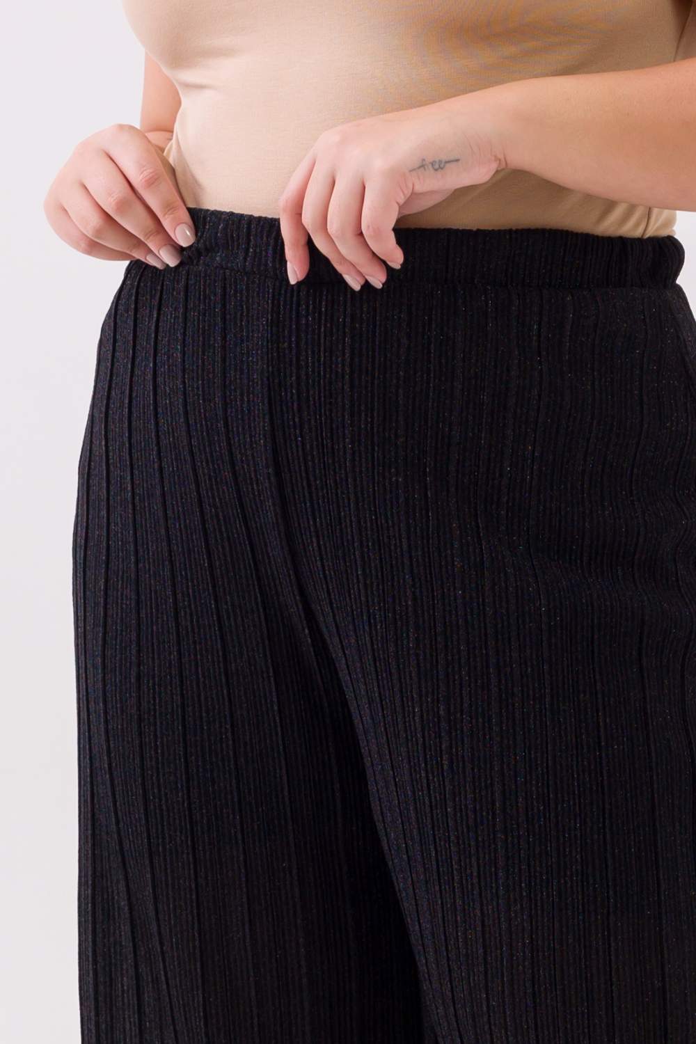 Calça Wide Leg Plus Size Plissada Petúnia Preta Cess