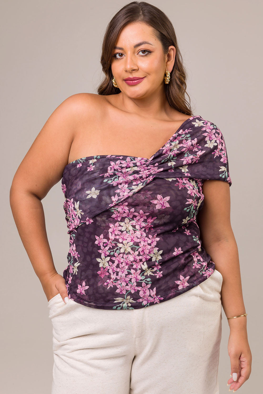Blusa Um Ombro Só Plus Size Tule Estampado Ansellia Preto Cess