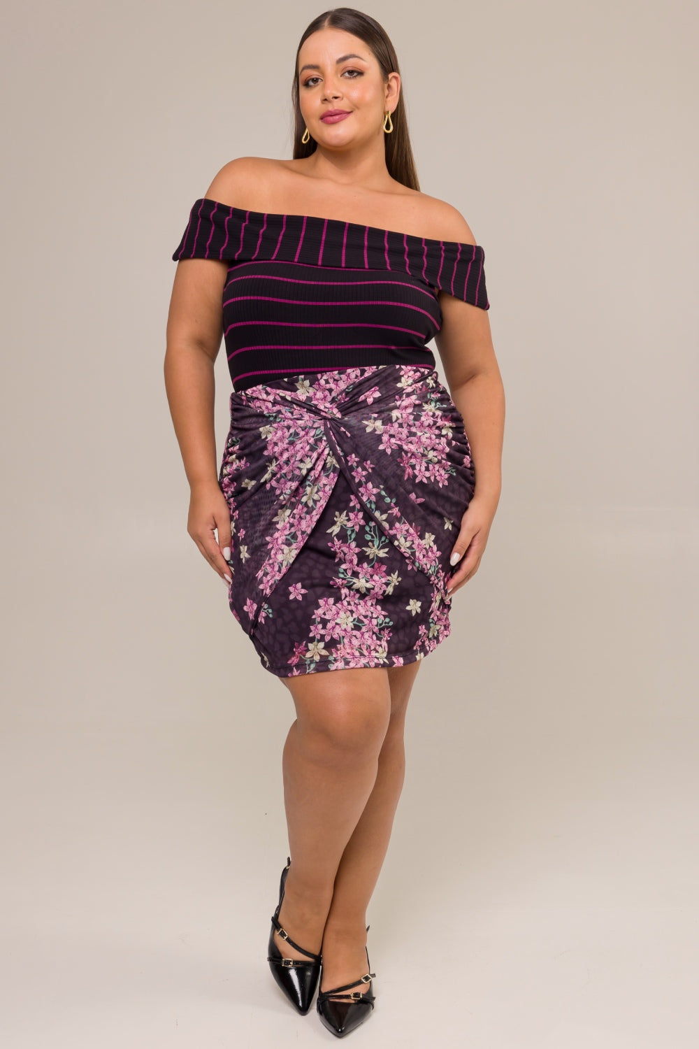 Blusa Plus Size Ombro a Ombro Canelada Diana Listrada Roxo Cess