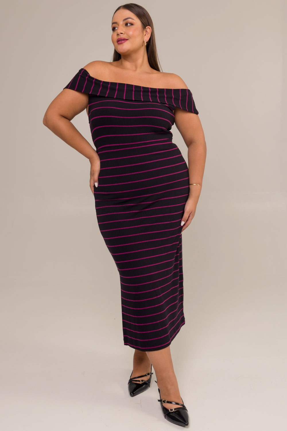 Blusa Plus Size Ombro a Ombro Canelada Diana Listrada Roxo Cess