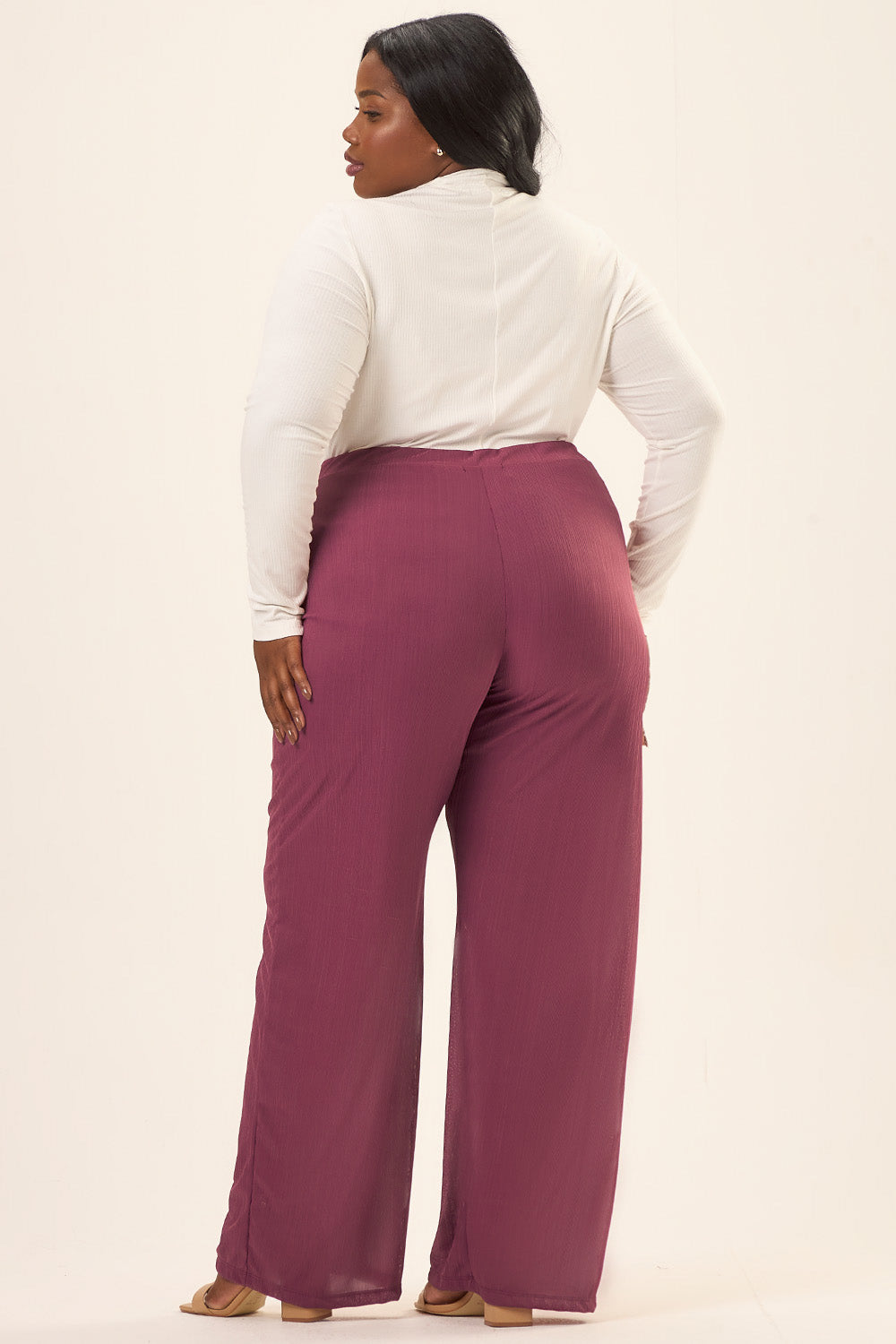 Calça Pantalona Plus Size Malha Plissada Dalia Vinho Cess