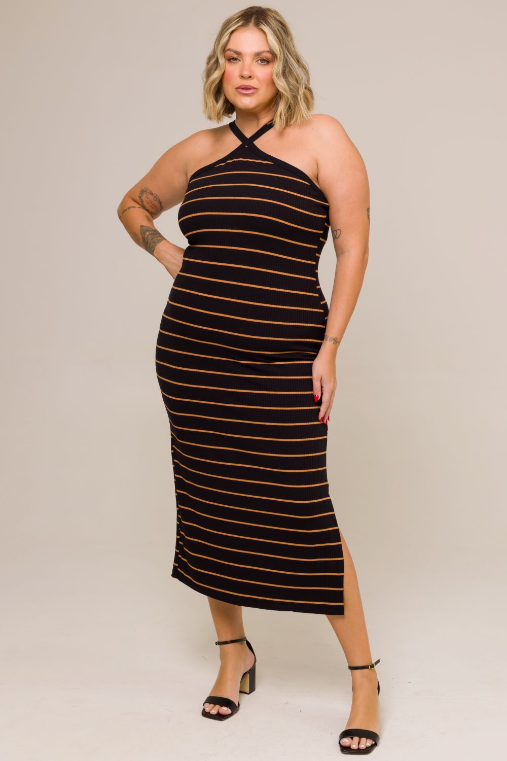 Vestido Midi Plus Size Sheila Canelado Listrado com Fenda Cess
