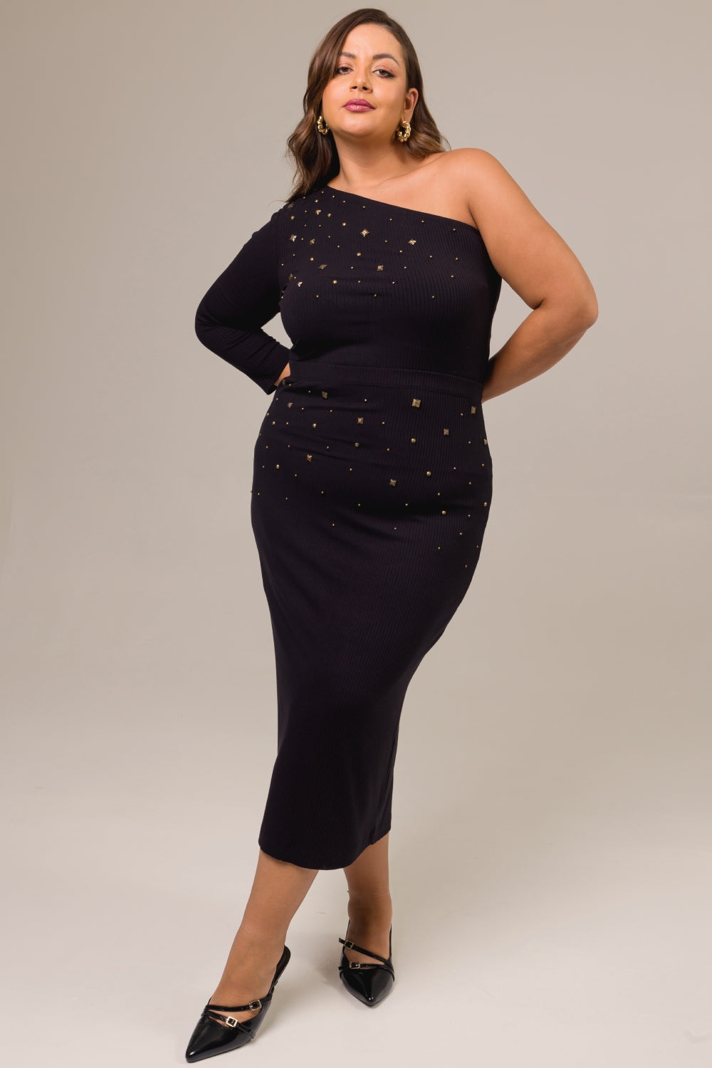 Saia Midi Plus Size Canelada Alana Bordado Ouro velho Preto Cess