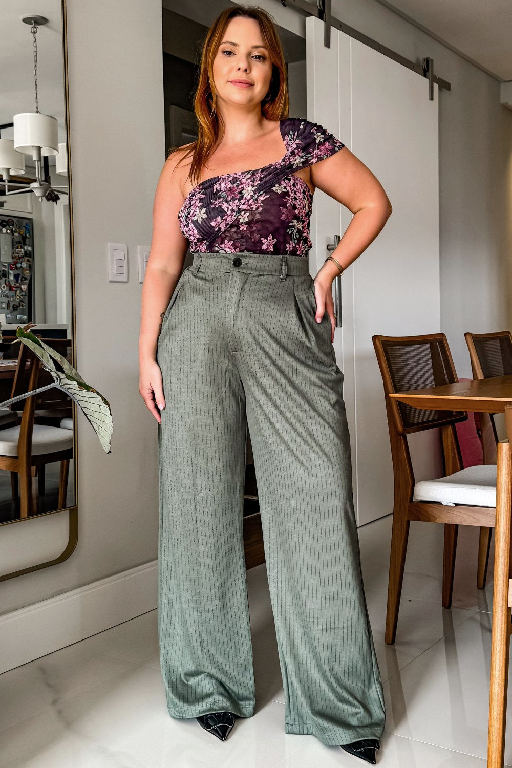 Blusa Um Ombro Só Plus Size Tule Estampado Ansellia Preto Cess