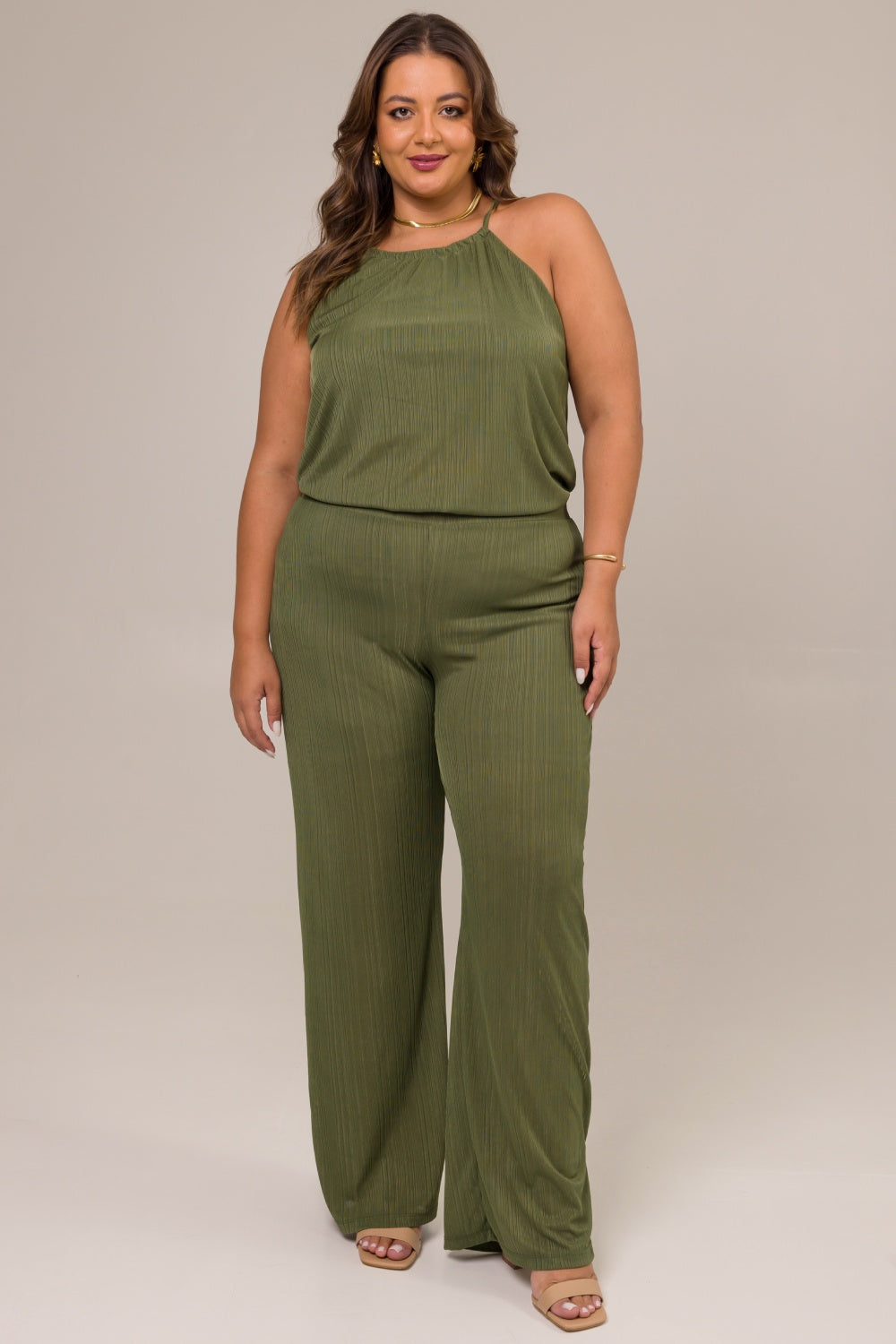 Calça Pantalona Plus Size Jade Malha Plissada Verde Cess