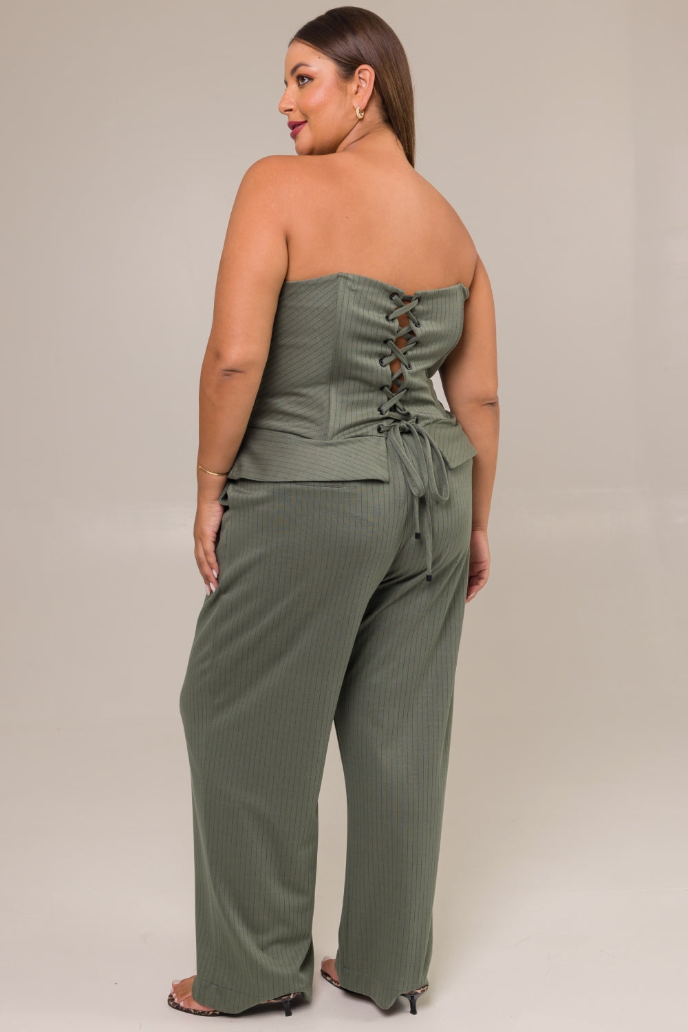 Corset de Alfaiataria Plus Size Jacquard Risca de Giz Acácia Verde Cess