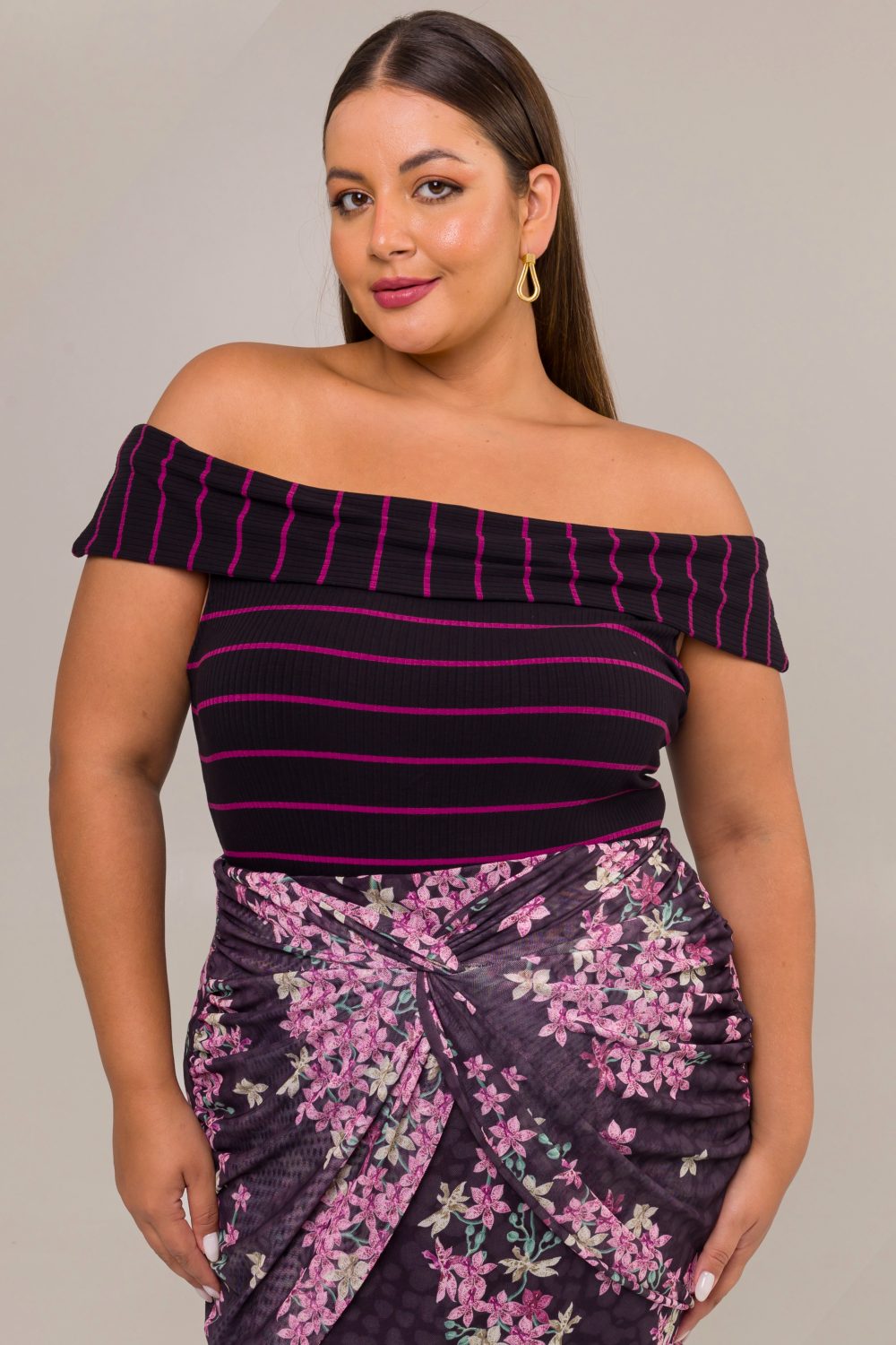 Blusa Plus Size Ombro a Ombro Canelada Diana Listrada Roxo Cess
