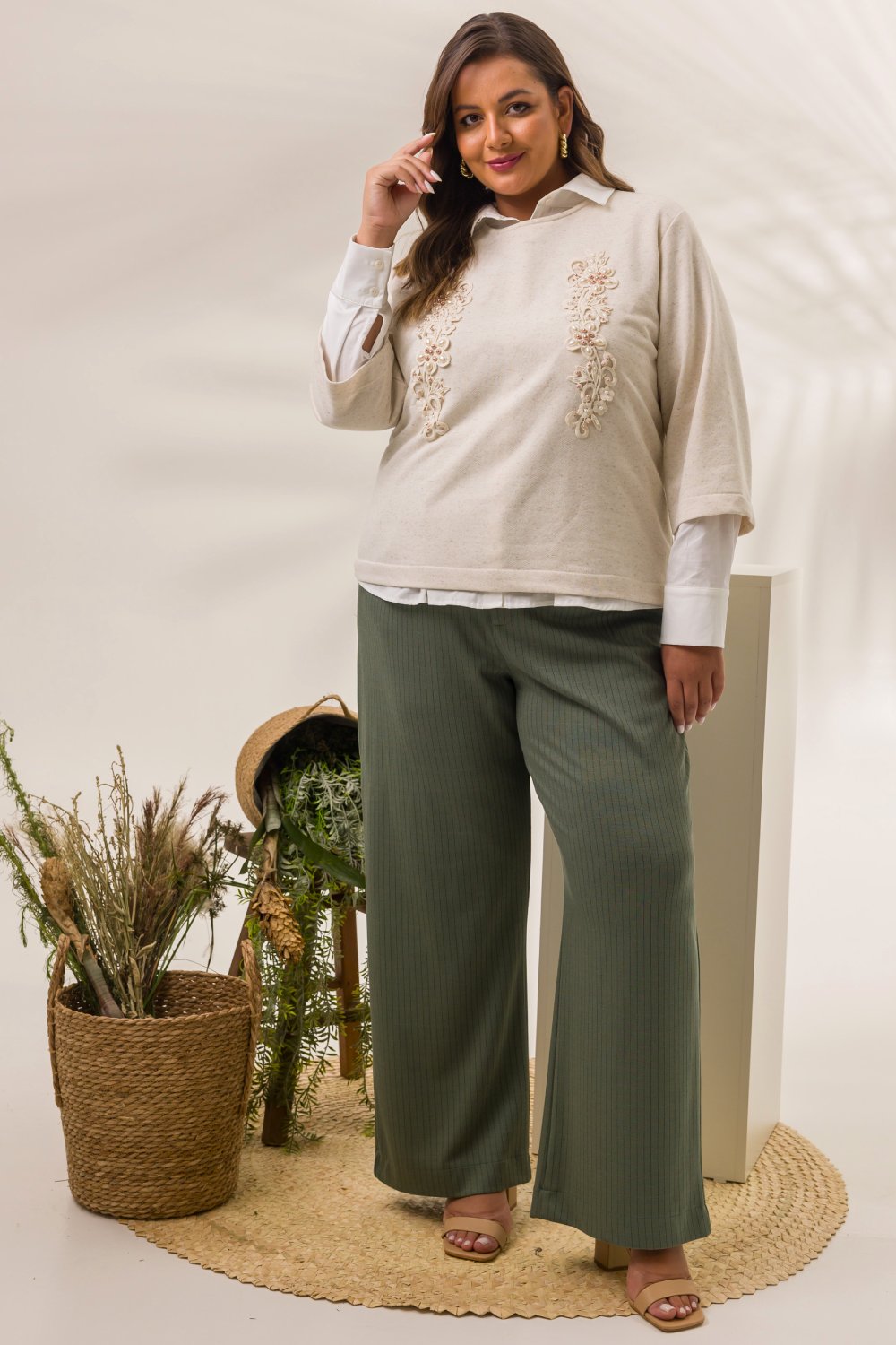 Blusa Manga 3/4 Plus Size em Moletinho com Linho Serena Natural Cess