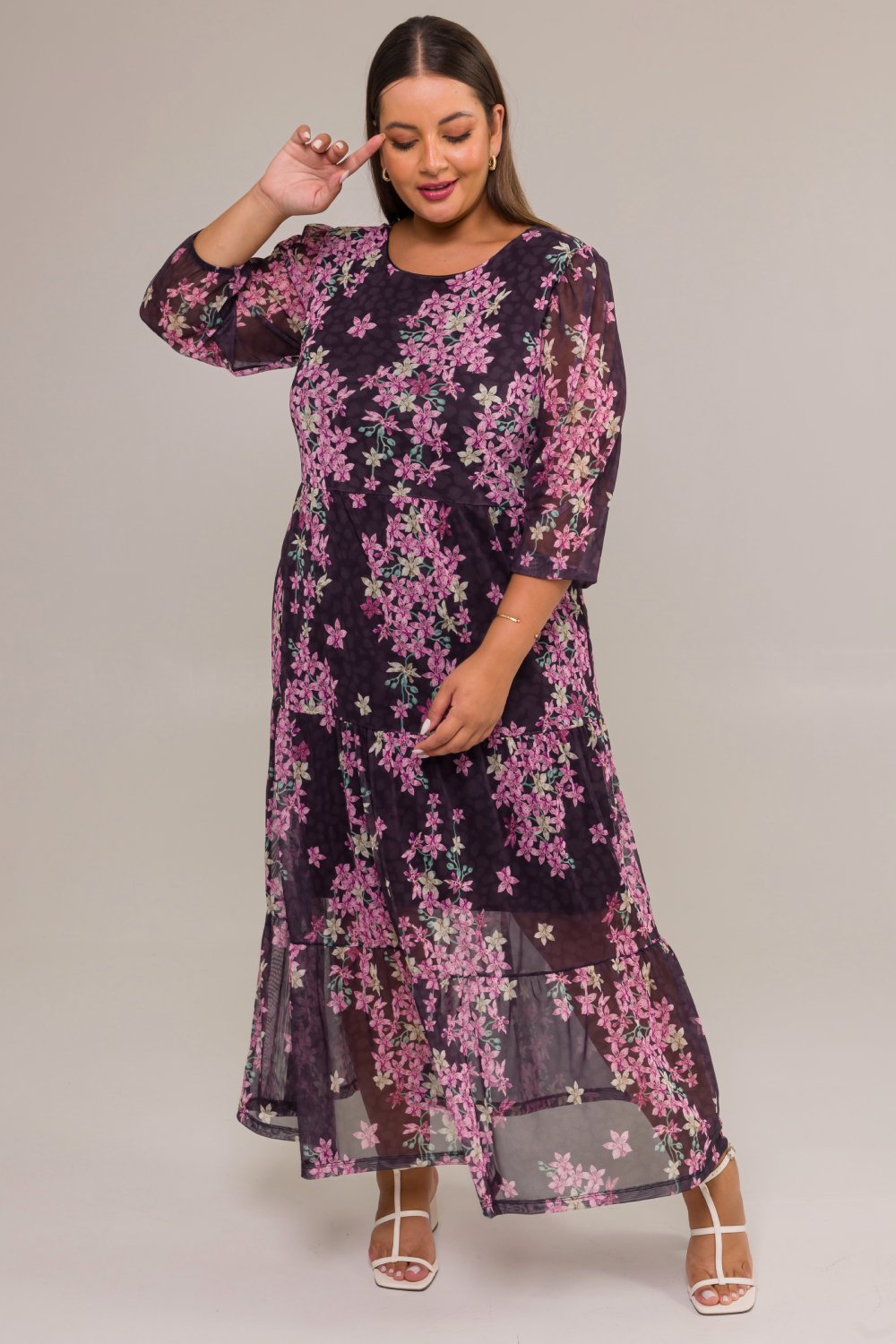 Vestido Midi Plus Size Tule Estampado Ansellia Preto Cess