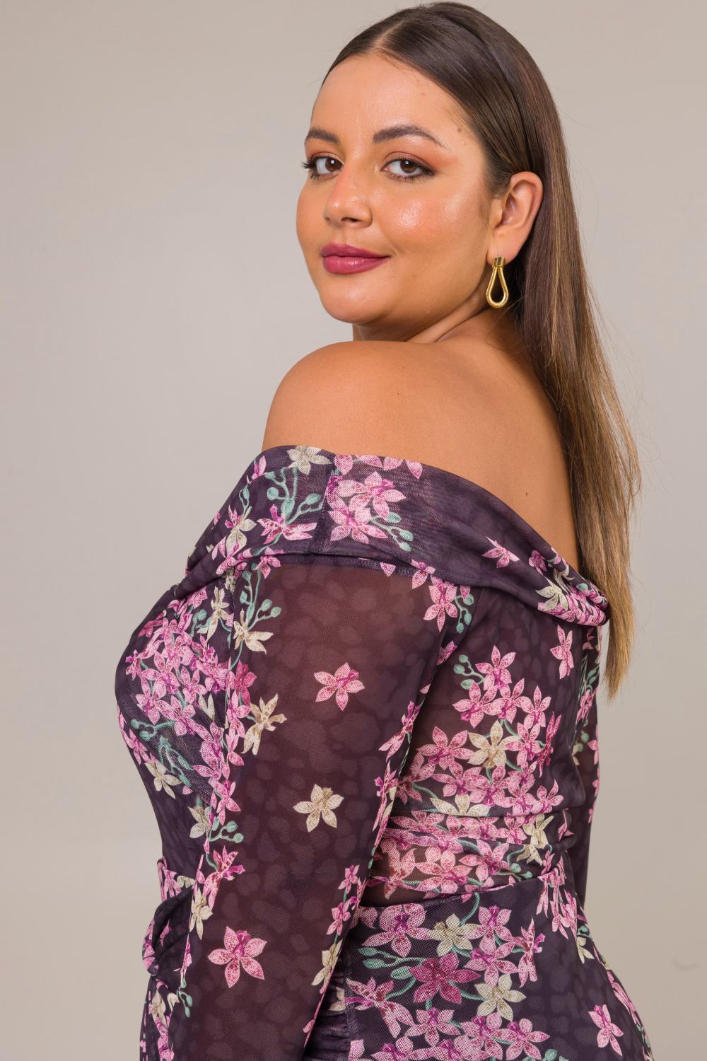 Blusa Manga 7/8 Plus Size Tule Estampado Ansellia Preto Cess
