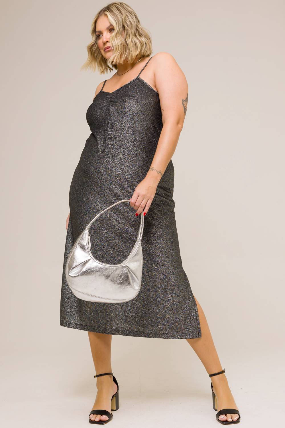 Vestido Midi Plus Size Jade em Lurex Prata Cess