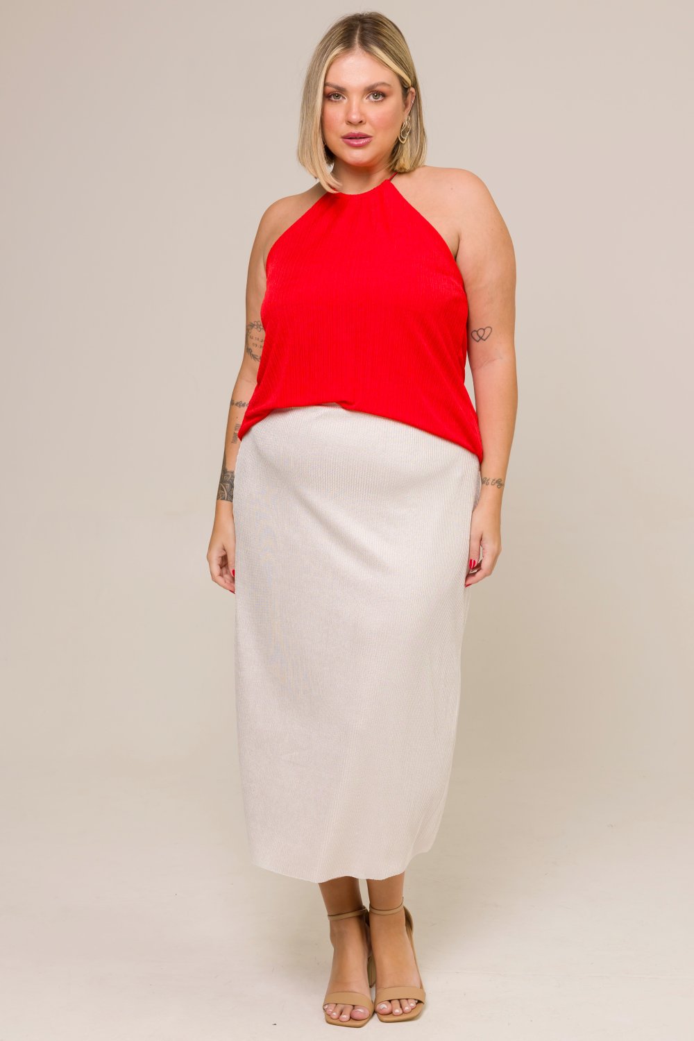 Blusa Regata Plus Size Plissada Lais Vermelho Cess
