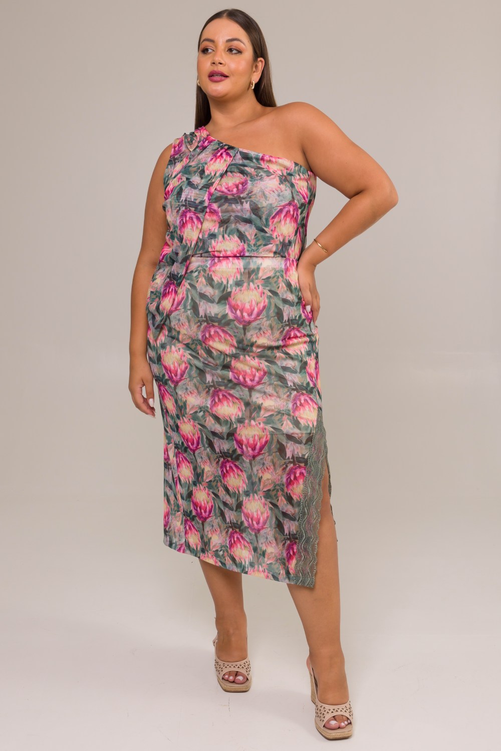 Blusa Um Ombro Plus Size Tule Estampa Proteas Cess