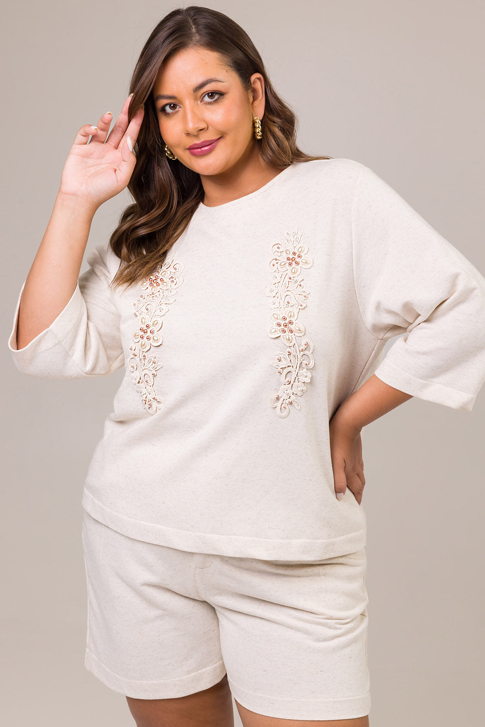 Blusa Manga 3/4 Plus Size em Moletinho com Linho Serena Natural Cess